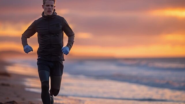 A man runs on the sandy beach as the sun sets. The sky is filled with colors as waves wash onto the shore. He wears a jacket and gloves, making the most of the evening