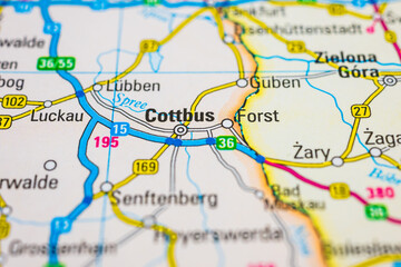 Fototapeta premium Atlas excerpt depicting Cottbus area with major and minor roadway systems.