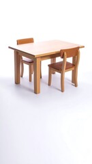 Small square table and two chairs set, light wood, simple design against white backdrop