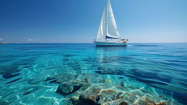 A sailboat sails smoothly on clear blue water under a bright sky. Sunlight reflects on the surface as the boat passes over a rocky area. This scene takes place on a warm day