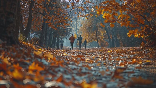 People run along a path covered with fallen leaves. The scene shows trees with orange and yellow leaves. It is morning in a park when they are exercising together