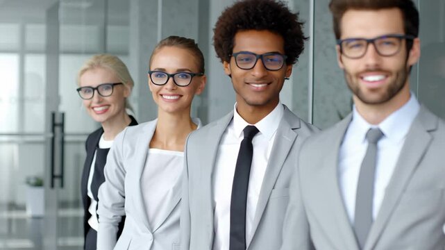 Confident business team wearing eyeglasses standing in a modern office, showing professionalism, diversity, teamwork, and corporate success.