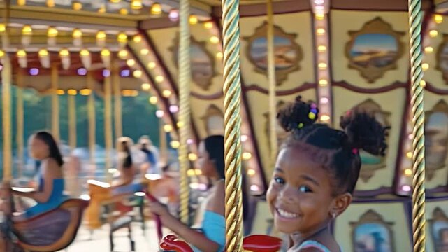 A girl stands near a colorful carousel at a carnival. She has curly hair with bright accessories. The setting is lively, filled with lights and festive decorations, on a warm summer day
