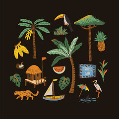 Fototapeta premium Summer tropical vector illustration set with island elements fruits animals isolated icons