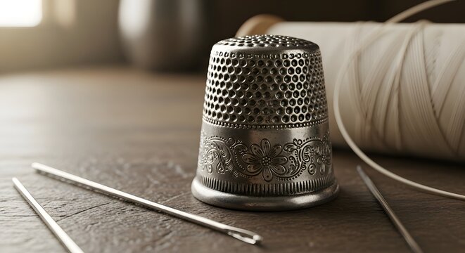 A silver thimble with intricate designs sits on a wooden table next to a spool of thread and two sewing needles.