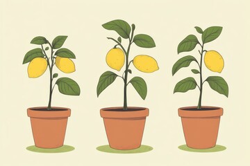 Obraz premium Potted lemon trees with ripe fruit grow in small pots on a light background during a sunny day