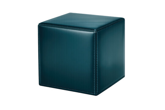 Contemporary teal cube-shaped ottoman upholstered in leather, with accent stitching detail, displayed on a clear background