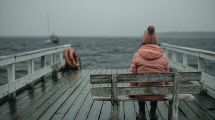 Person Sitting on Dock in Pink Jacket on a Rainy Day