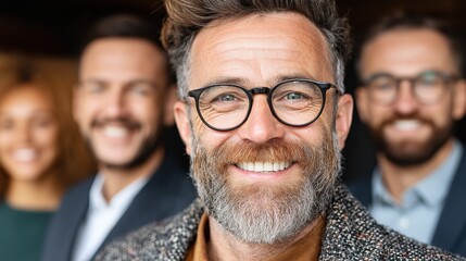 Smiling Senior Man with Glasses and Happy Friends in Background