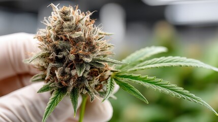 Close-up of Hand Holding Cannabis Bud with Leaves