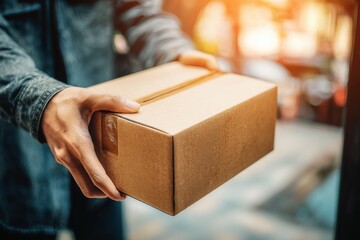 Person Holding Brown Package in Warm Outdoor Lighting