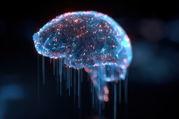 AI deep learning concept showing digital brain structure made of circuit lines and data points.