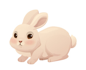 White rabbit sticker. Cute adorable bunny with brown eyes. Friendly domestic animal and pet. Fluffy and furry character. Toy or friend for kids. Flat vector illustration