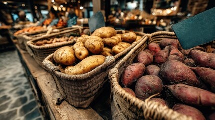 Baskets of Fresh Vegetables at a Local Market Stand