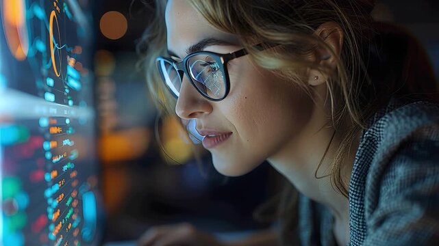 A woman is focused on a computer screen displaying graphs and data. She is in a modern office setting during the evening. Her expression shows concentration and engagement with her work