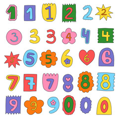 A set of vector naive bright groovy numbers isolated on a white background. Numbers elements clipart. Numbers lettering.