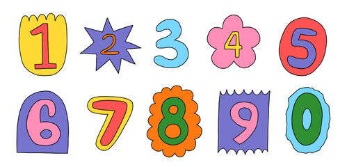A set of vector naive bright groovy numbers isolated on a white background. Numbers elements clipart. Numbers lettering.
