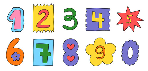 A set of vector naive bright groovy numbers isolated on a white background. Numbers elements clipart. Numbers lettering.