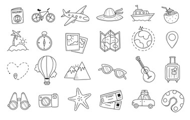 A set of vector doodle elements on the theme of travel, trips, vacations. A collection of linear simple drawings.