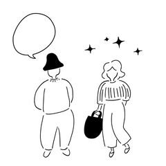 シニアカップル,お出かけ前,一言｜線画｜Senior couple getting ready to go out