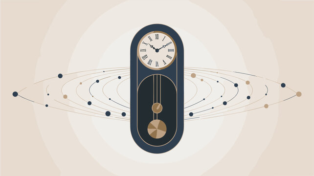 Elegant vintage pendulum grandfather clock with roman numerals on face and abstract orbital planetary system graphic representation time passing concept cosmic journey concept modern abstract design f
