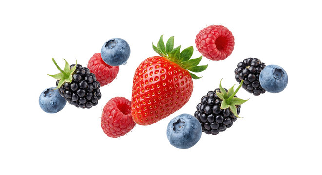 Levitating fresh mixed berries isolated on white background