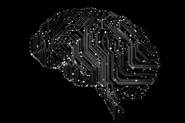 Clean minimalist visualization of a digital brain made of circuit lines and data points.