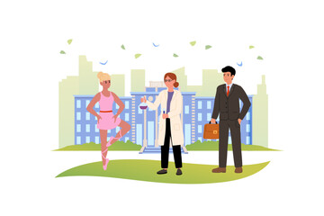 Fototapeta premium Laboratory assistant, ballerina, businessman. Urban professions. People in professional suits. Office buildings on background