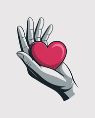 Obraz premium Stylized hand holding red heart symbol of love and care offering compassion kindness and emotional support for healthcare charity and well being concepts graphic illustration