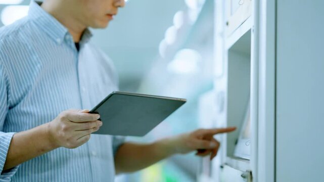 Man holding tablet and pointing at equipment interface in industrial setting