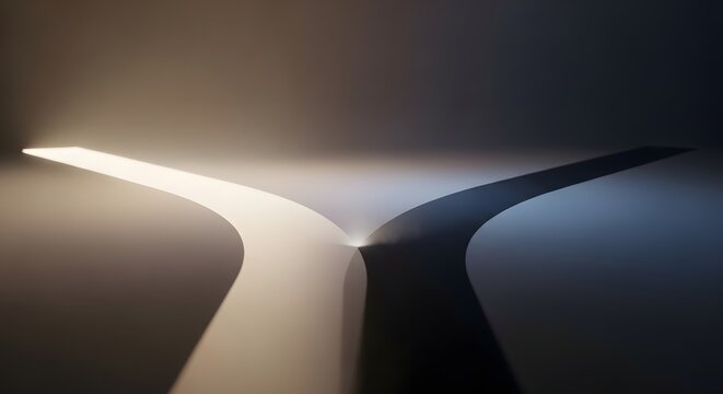 A dramatic split path with contrasting light and dark shadows on a modern surface