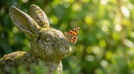 Whimsical shot of butterfly landing on nose of stone bunny statue