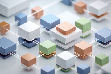 Database management visualization with interconnected 3D blocks and clean lines.