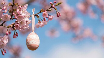 Painted easter egg hanging from blooming cherry blossom branch
