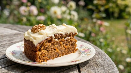 Slice of carrot cake with cream cheese frosting on garden table