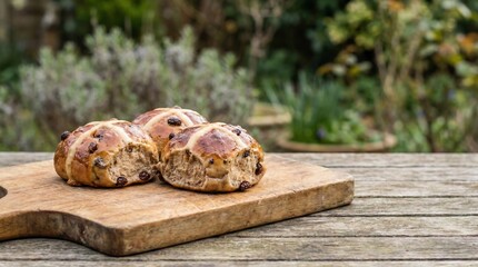 Traditional homemade hot cross buns on wooden board in garden