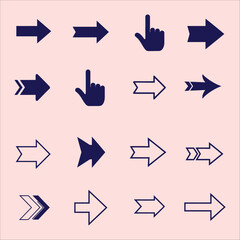 Set of Large Modern Navigation Arrows and Hand Pointer Vector Icons for User Interface Design on Pink Background