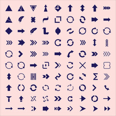 Extensive Collection of Diverse Arrows, Navigation Icons, and Geometric Symbols in Dark Blue for UI Design on Pink Background