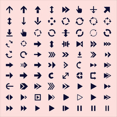 Extensive Collection of Modern Navigation and Action Arrows Vector Icons for User Interfaces and Web Design on Pink Background
