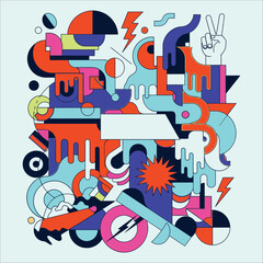Vibrant Abstract Geometric Shapes Composition with Organic Forms and Peace Sign in Modern Pop Art Style Illustration