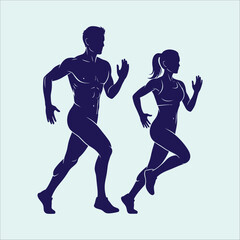 Dynamic Silhouettes of a Fit Man and Woman Running Together for Health and Fitness Concepts Vector Illustration