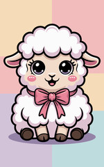 Fototapeta premium Cute cartoon sheep character with big eyes and pink bow sitting happily against a pastel background adorable farm animal illustration for children's books educational materials and sweet designs