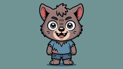 Fototapeta premium Cute cartoon werewolf character standing happily with torn clothes and big eyes friendly monster illustration for Halloween children stories and fantasy themes playful mascot design for advertising ma