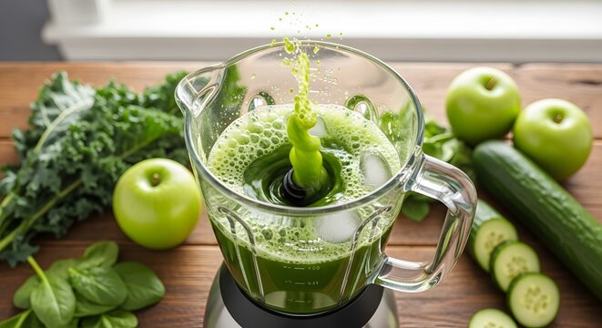 A blender filled with green juice and surrounded by fresh ingredients like apples, cucumbers, and kale on a wooden table.
