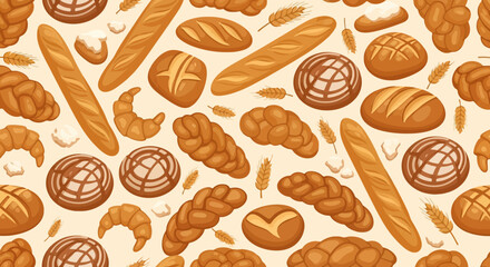 Bakery Seamless Pattern with Various Breads, Croissants, and Wheat Stalks