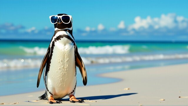 penguin standing sandy beach ocean background penguin wearing pair white sunglasses black frame black beak sky blue white clouds ocean beautiful turquoise color small waves crashing onto shore sand