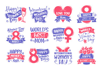 Naklejka premium Mother Day labels set of spring holiday greetings with floral decorations and handwritten text