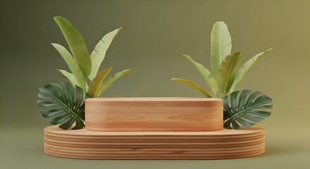 Soft Tropical Oval Wooden Podium Botanical Studio Concept for Calming Eco Skincare & Natural Cosmetic Presentation