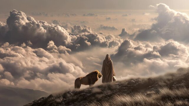 Jesus walks with a lion in the sky above the clouds during sunset at a remote mountain location