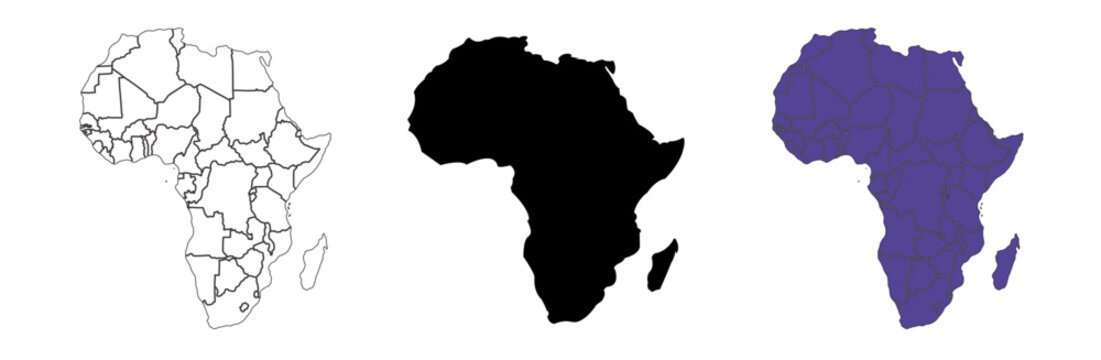 Vector set of maps of Africa - outline, black silhouette and filled with images of countries.